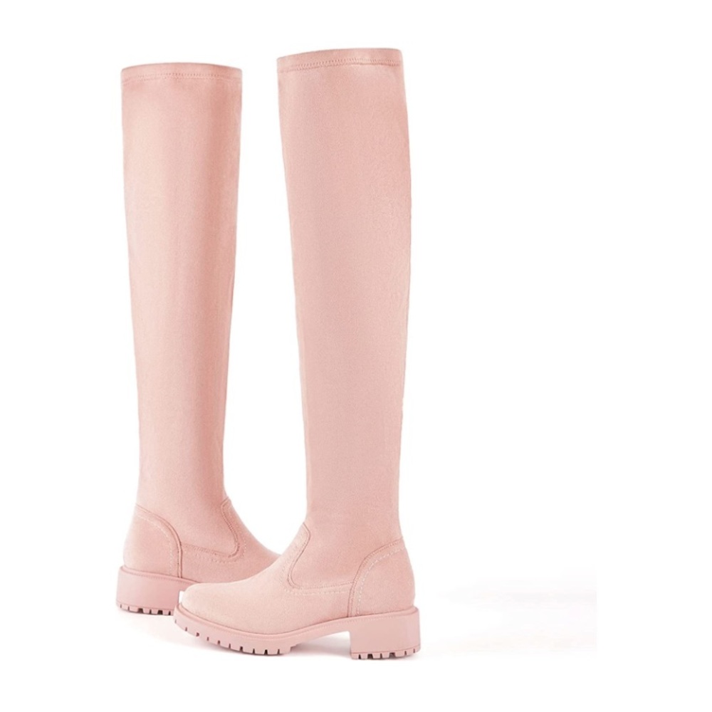 Light Pink  Suede Over The Knee Boots Round Toe Side Zipper Flat Thigh High - Picture 5 of 5